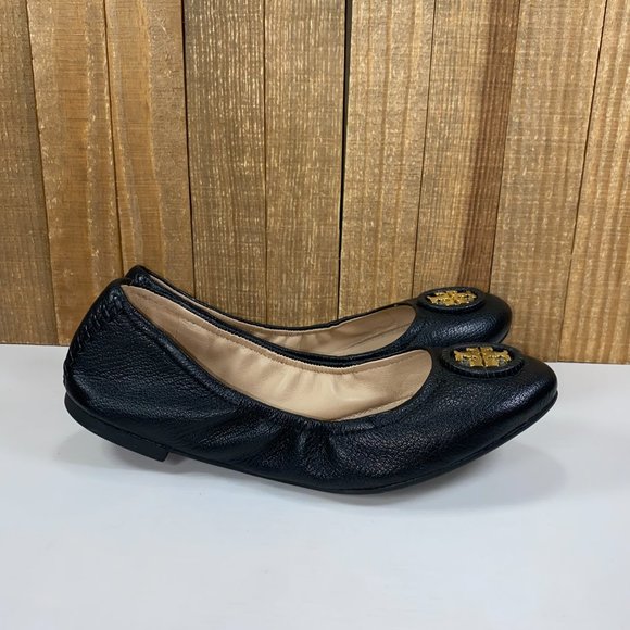 Tory Burch Allie Logo Ballet Flats Womens 7.5 Black Gold Leather Casual Career - Picture 2 of 10